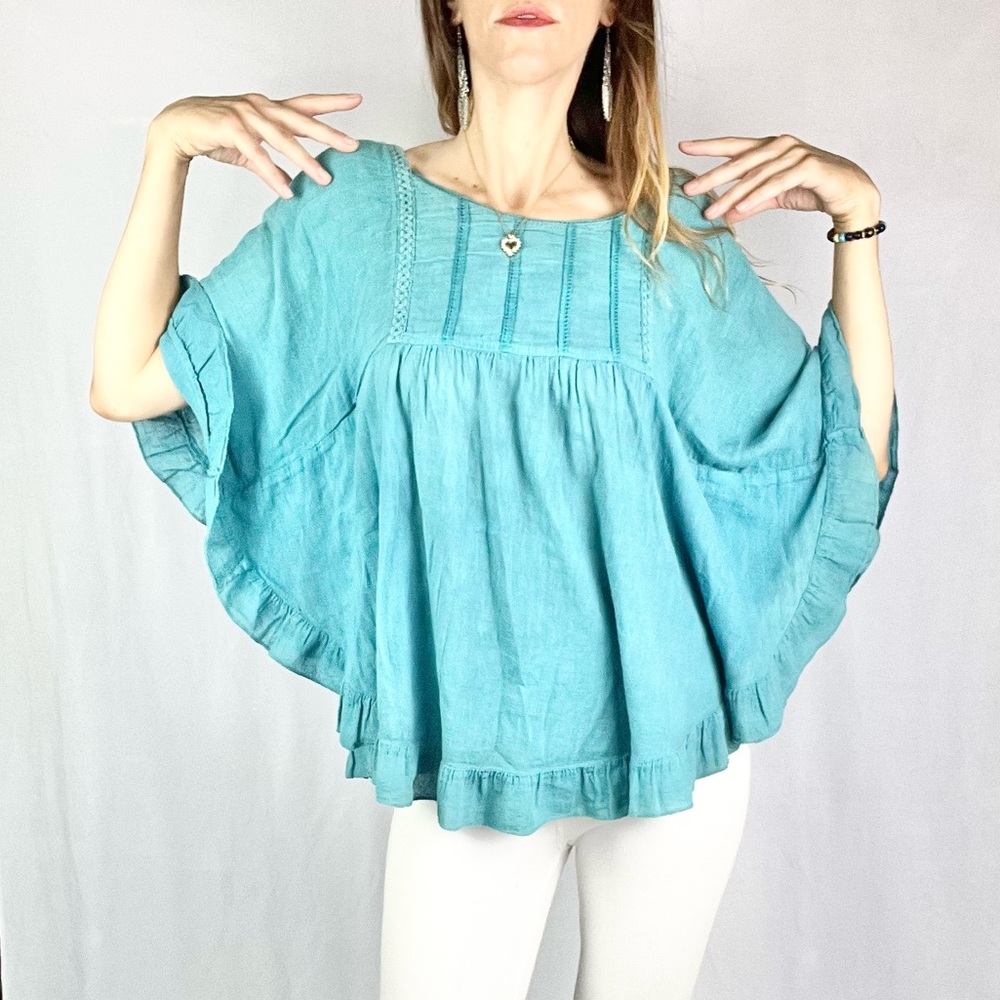 ARK |🦕Teal Turquoise Faded Hippie Boho Lace Trim Dolman Ruffled Blouse Top